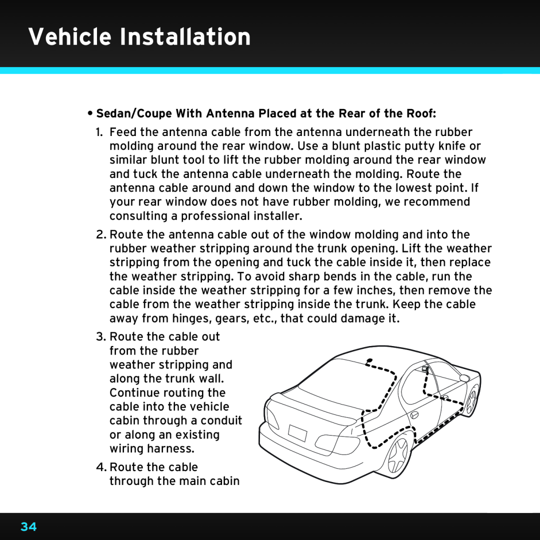 Sirius Satellite Radio SDST5V1 manual Vehicle Installation, Route the cable out from the rubber 