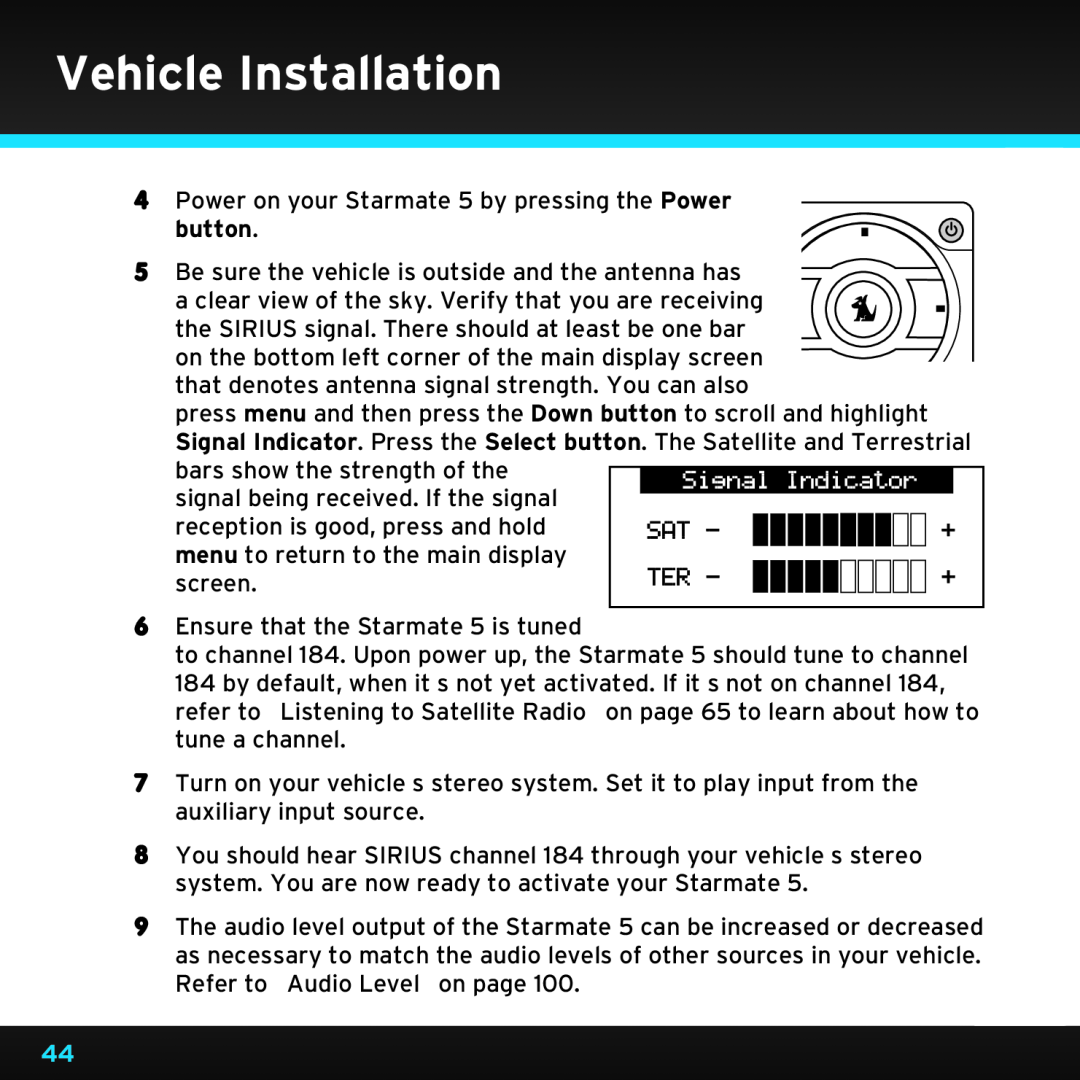 Sirius Satellite Radio SDST5V1 manual button, Vehicle Installation 