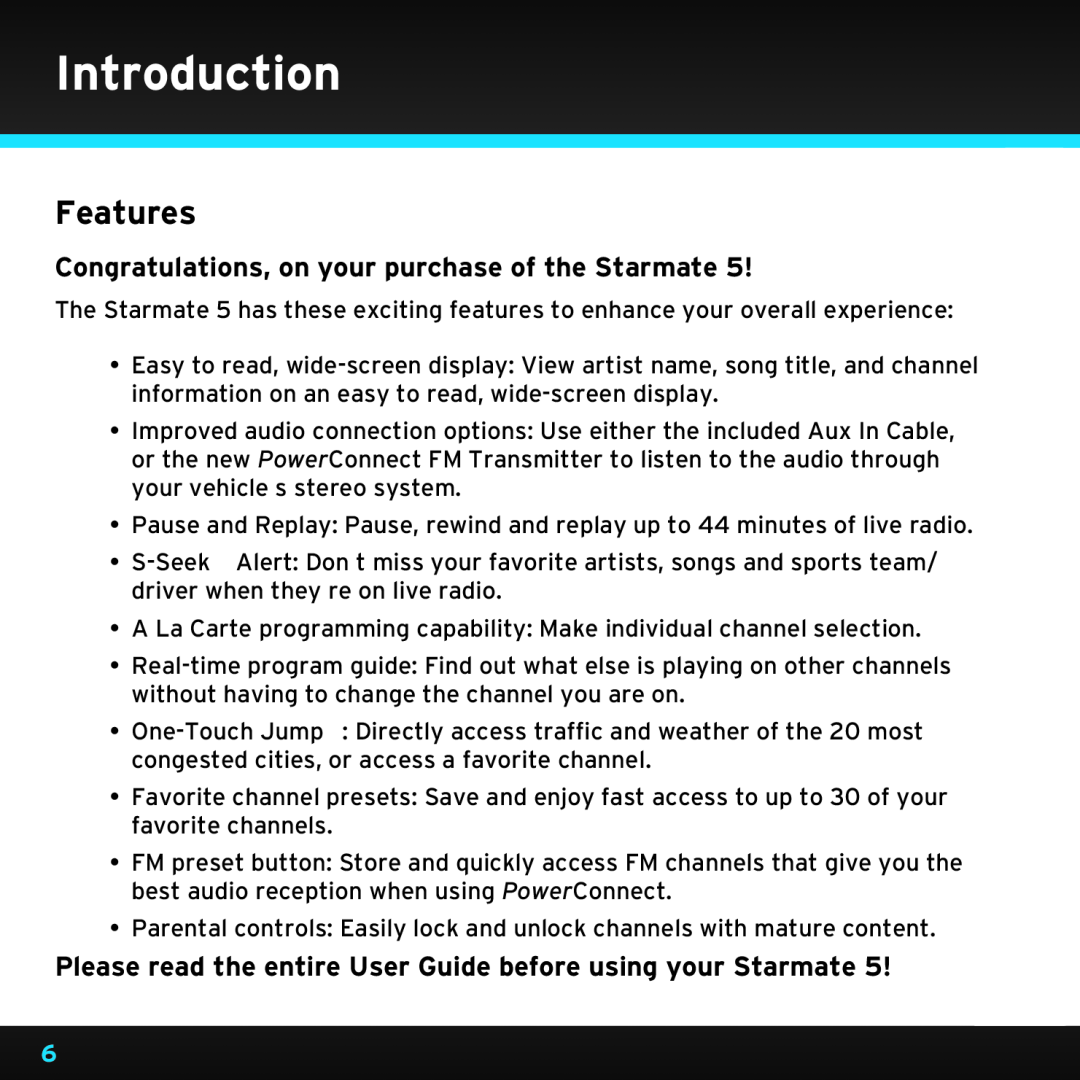 Sirius Satellite Radio SDST5V1 manual Introduction, Features, Congratulations, on your purchase of the Starmate 
