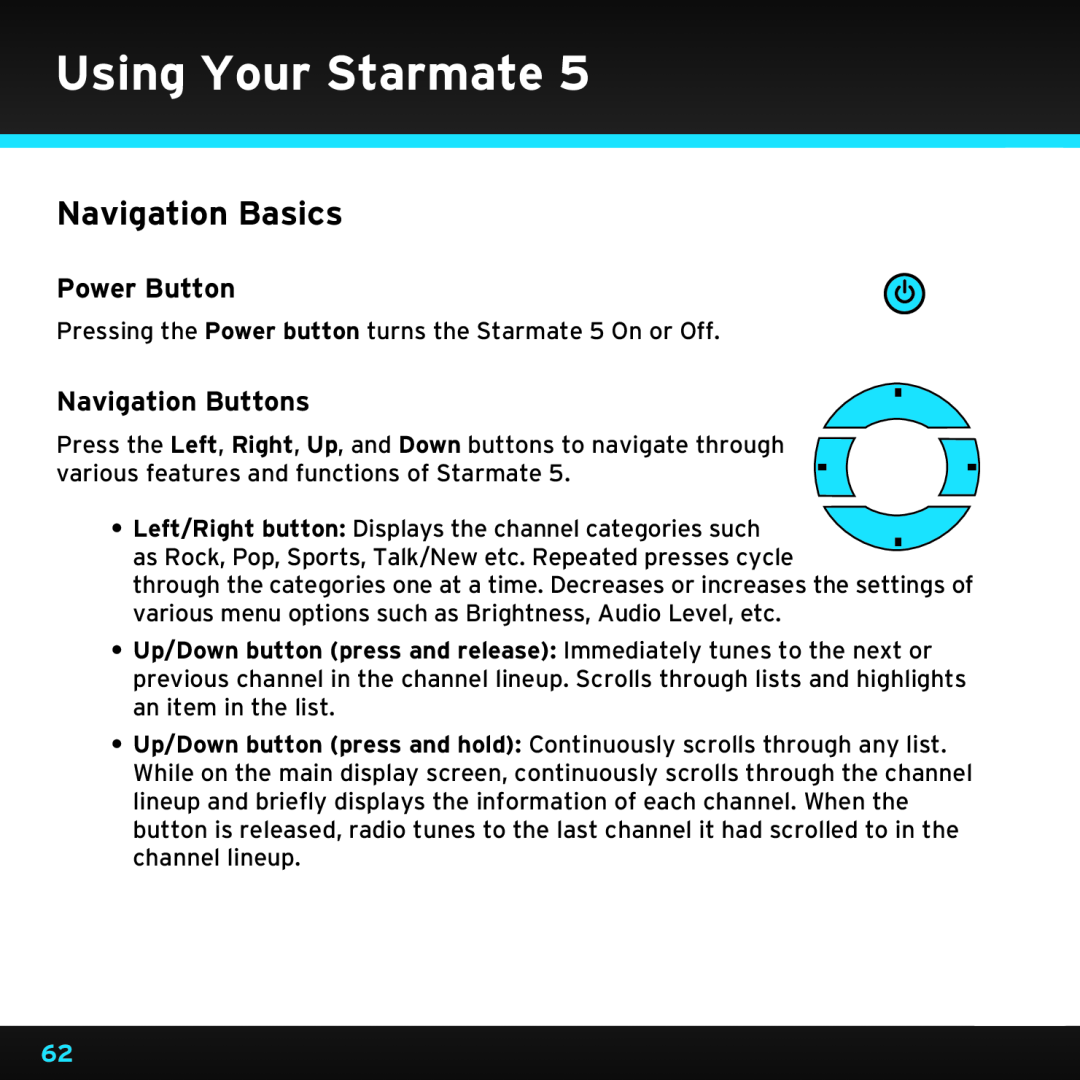Sirius Satellite Radio SDST5V1 manual Navigation Basics, Power Button, Navigation Buttons, Using Your Starmate 