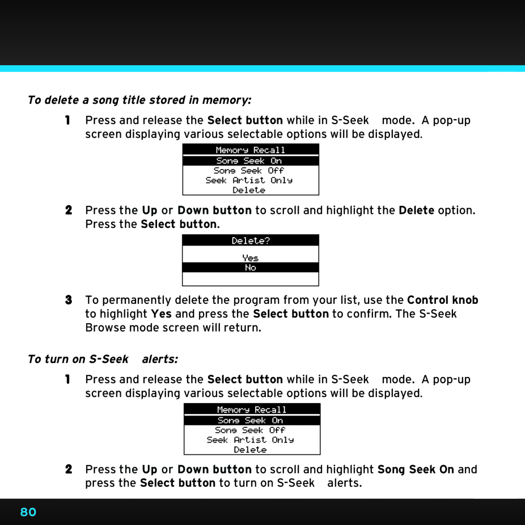 Sirius Satellite Radio SDST5V1 manual To delete a song title stored in memory, To turn on S-Seekalerts 