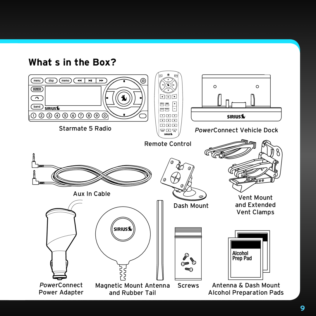 Sirius Satellite Radio SDST5V1 manual What’s in the Box?, Starmate 5 Radio, Remote Control, Aux In Cable, Dash Mount 