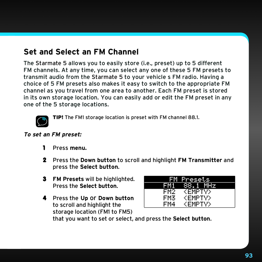 Sirius Satellite Radio SDST5V1 manual Set and Select an FM Channel, To set an FM preset 
