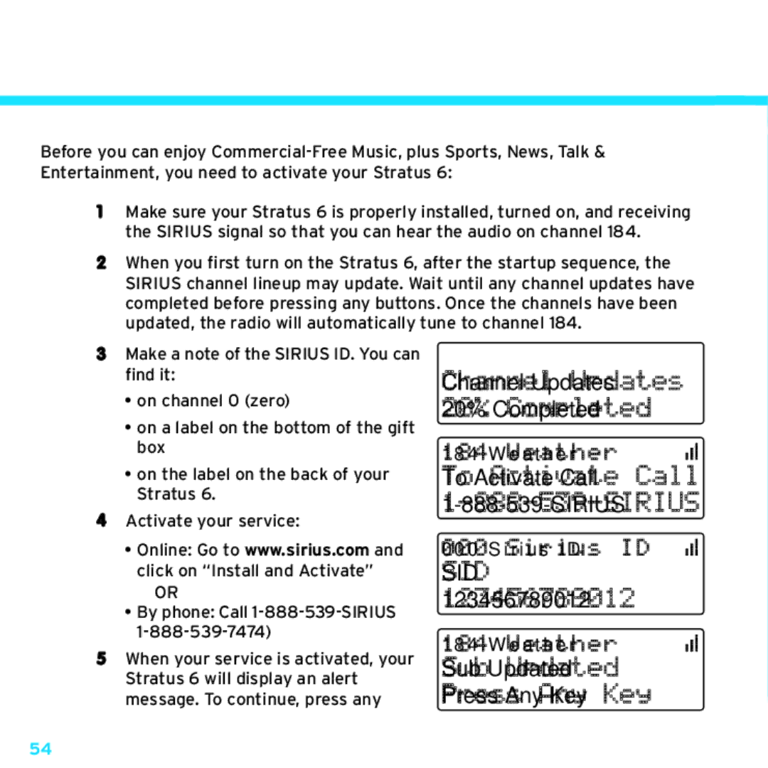 Sirius Satellite Radio SDSV6V1 manual Activation, Channel Updates 20% Completed, To Activate Call 1 -888 -539 -SIRIUS, Sid 