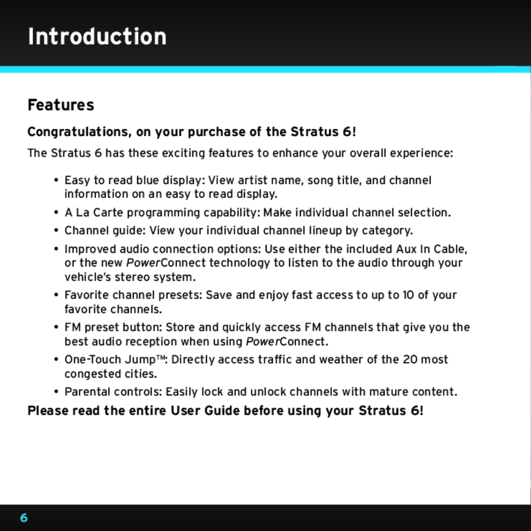 Sirius Satellite Radio SDSV6V1 manual Introduction, Features, Congratulations, on your purchase of the Stratus 