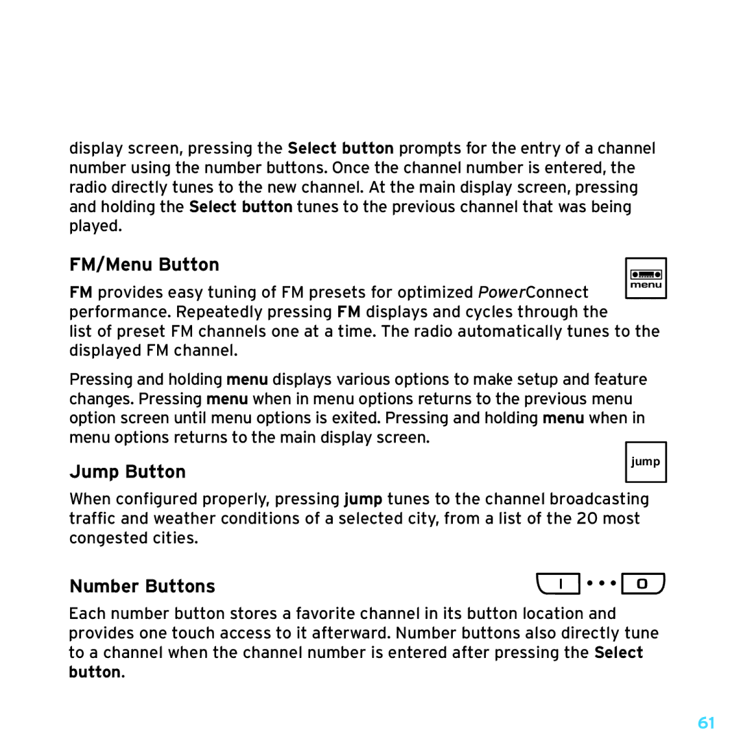 Sirius Satellite Radio SDSV6V1 manual FM/Menu Button, Jump Button, Number Buttons 