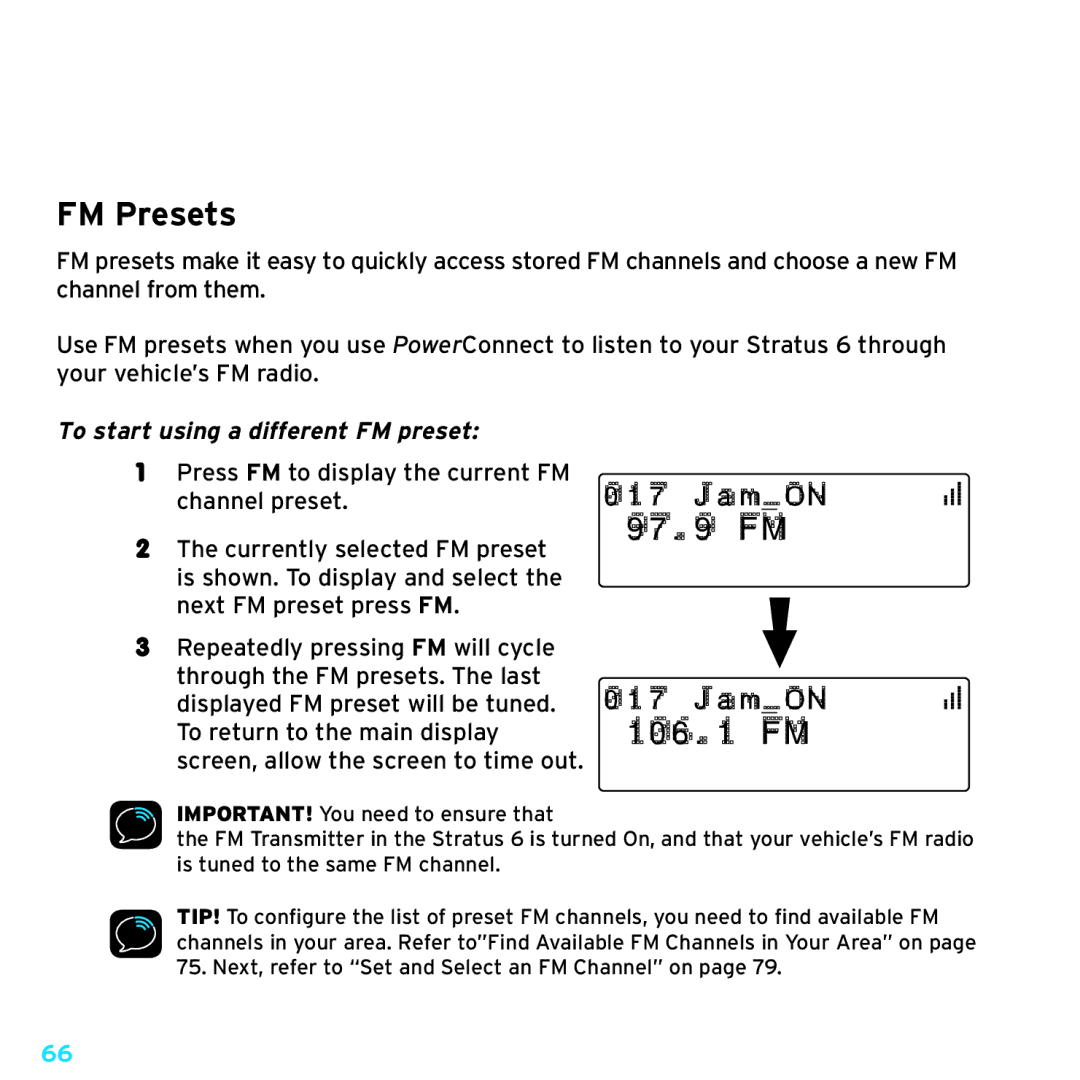 Sirius Satellite Radio SDSV6V1 manual FM Presets, To start using a different FM preset 