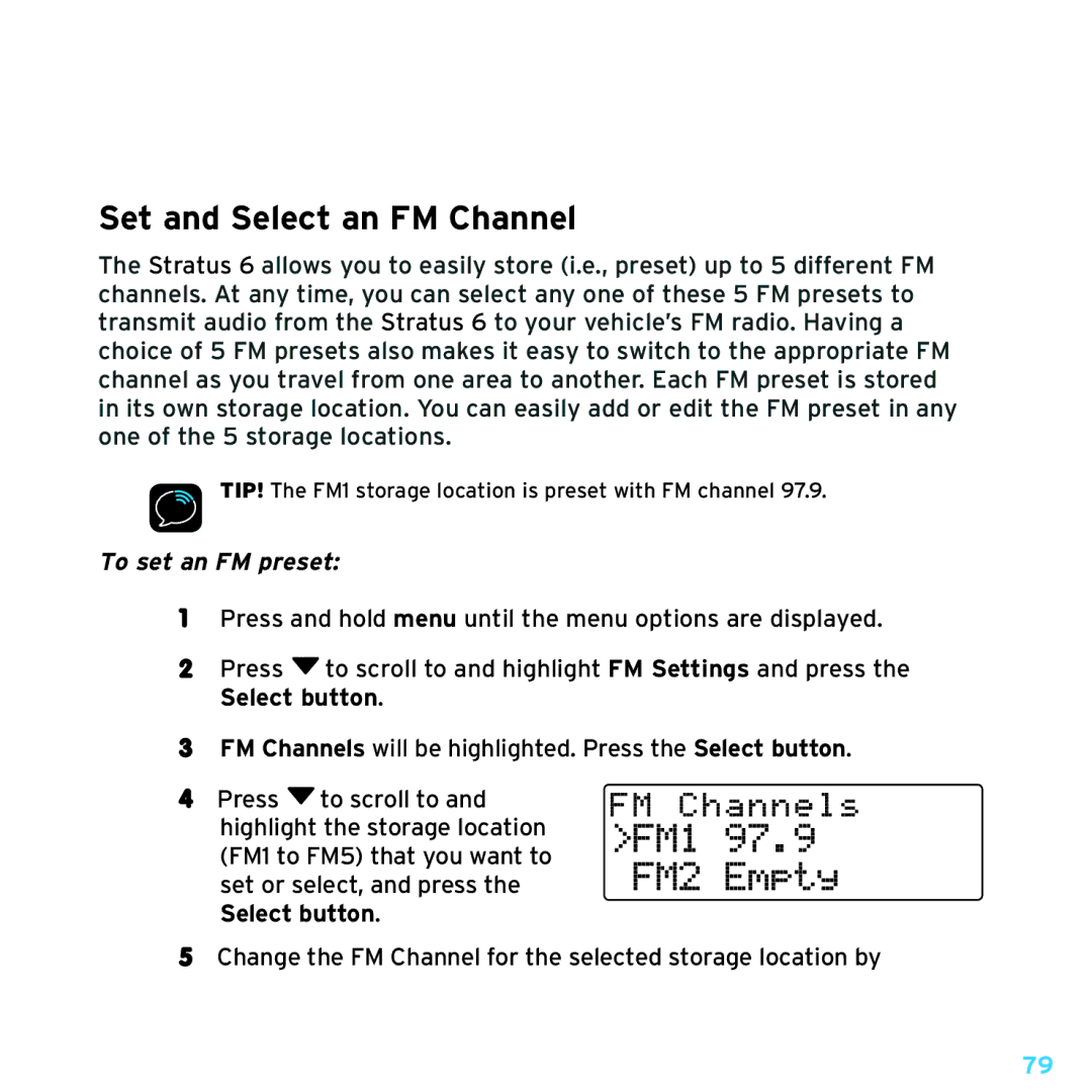 Sirius Satellite Radio SDSV6V1 manual Set and Select an FM Channel, To set an FM preset 