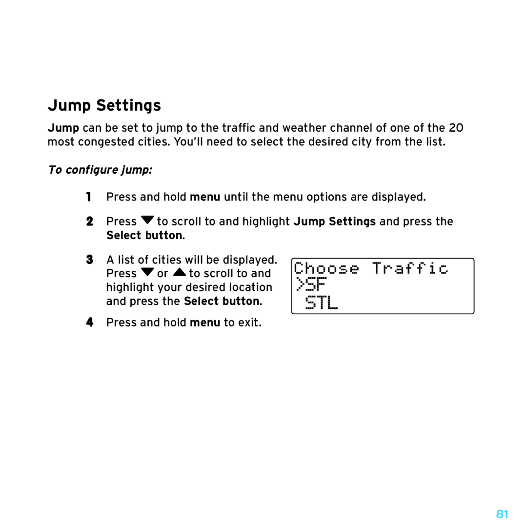 Sirius Satellite Radio SDSV6V1 manual Jump Settings, Stl, To configure jump 