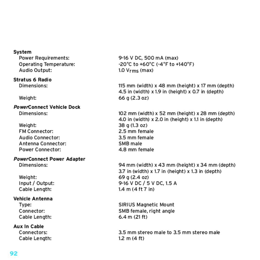 Sirius Satellite Radio SDSV6V1 manual Product Specifications, System 