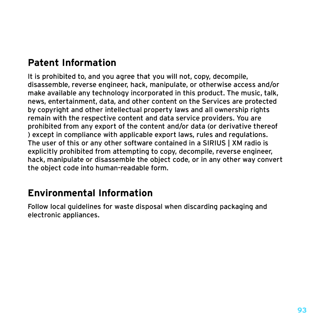 Sirius Satellite Radio SDSV6V1 manual Patent and Environmental Information, Patent Information 