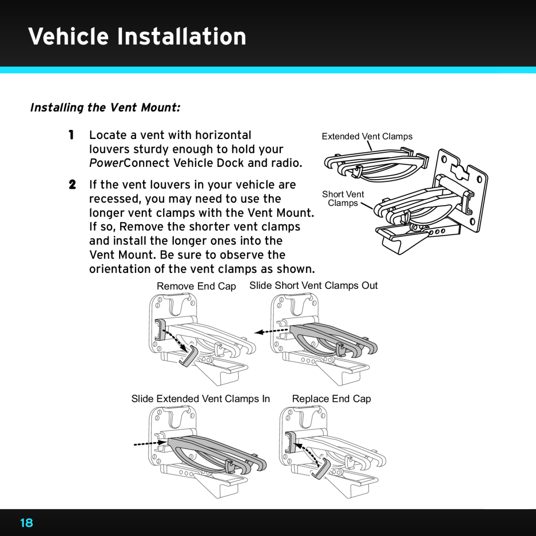 Sirius Satellite Radio SDSV6V1 manual Installing the Vent Mount, Vehicle Installation, Locate a vent with horizontal 