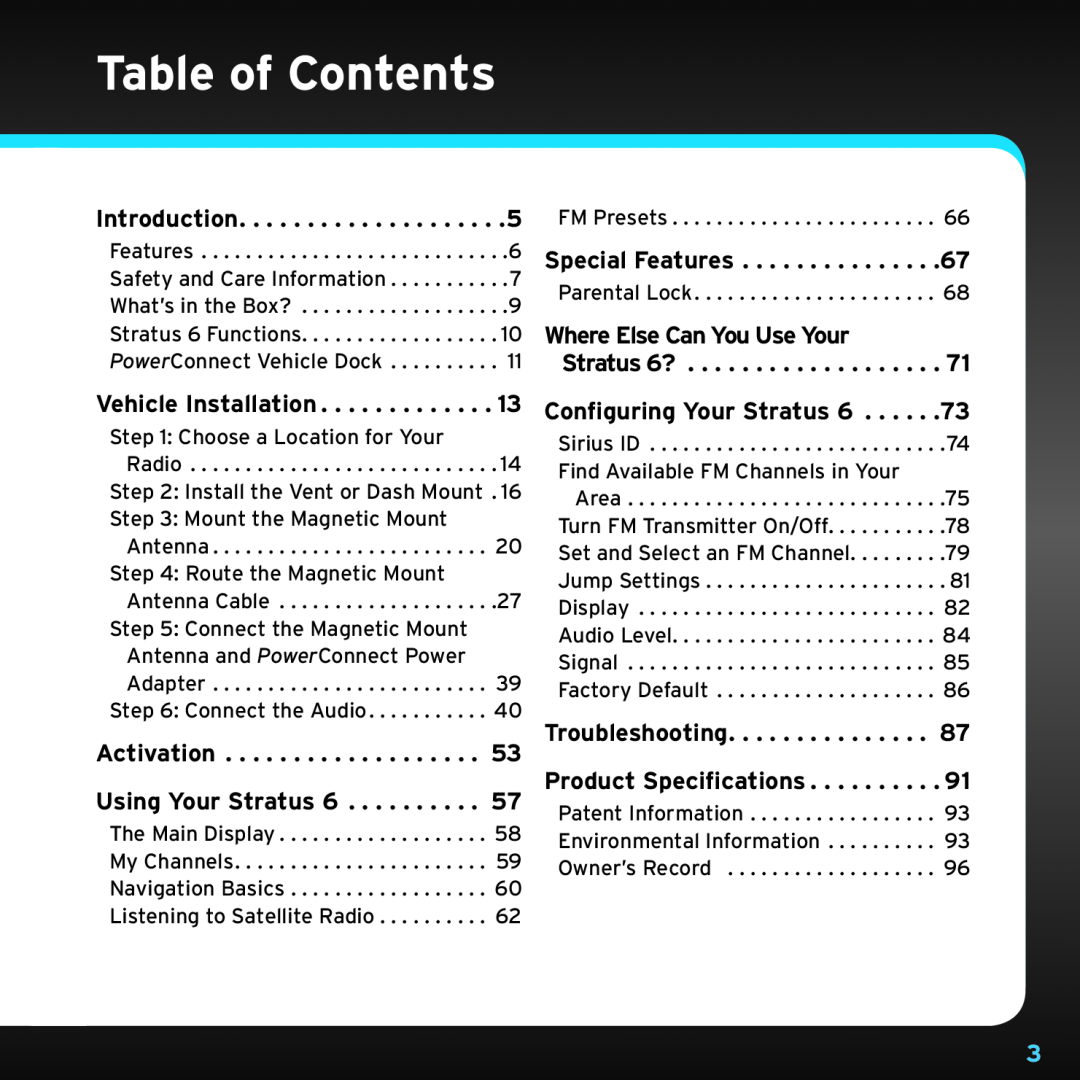 Sirius Satellite Radio SDSV6V1 manual Table of Contents 