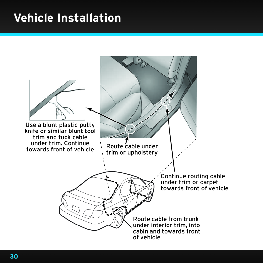 Sirius Satellite Radio SDSV6V1 manual Vehicle Installation, Route cable under trim or upholstery 