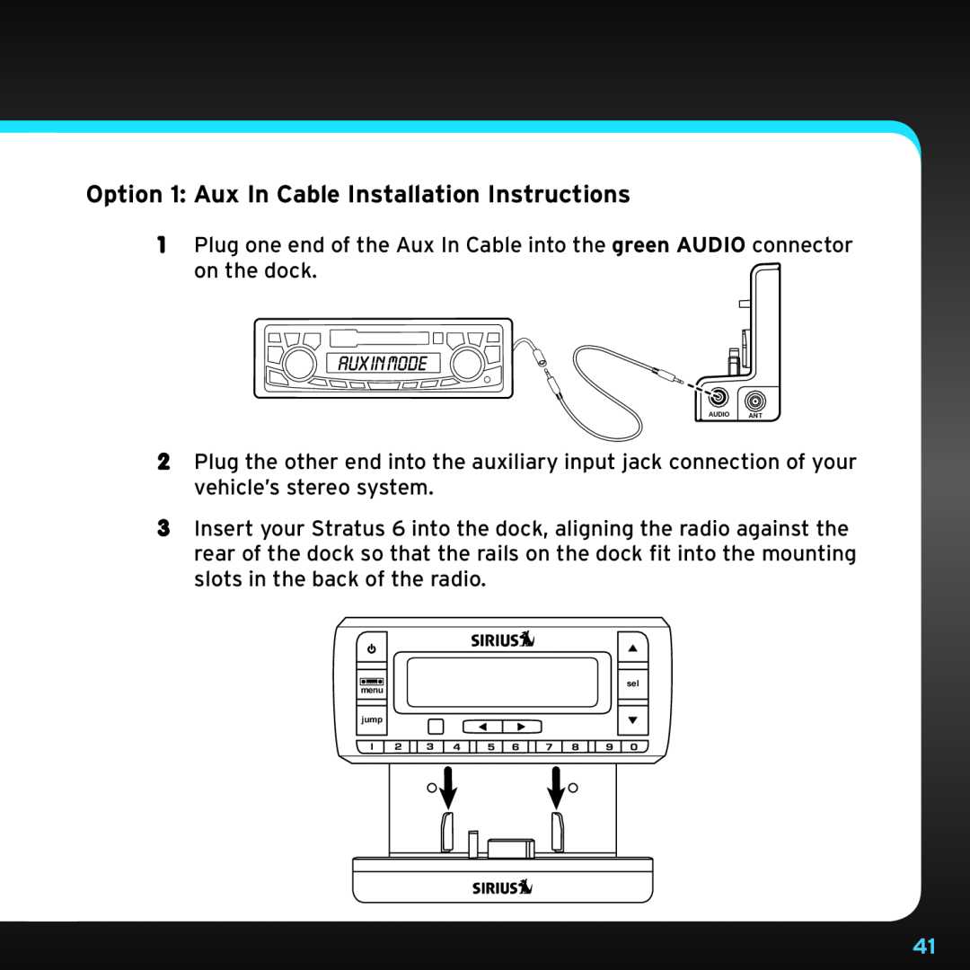 Sirius Satellite Radio SDSV6V1 manual Option 1 Aux In Cable Installation Instructions, menu, jump 