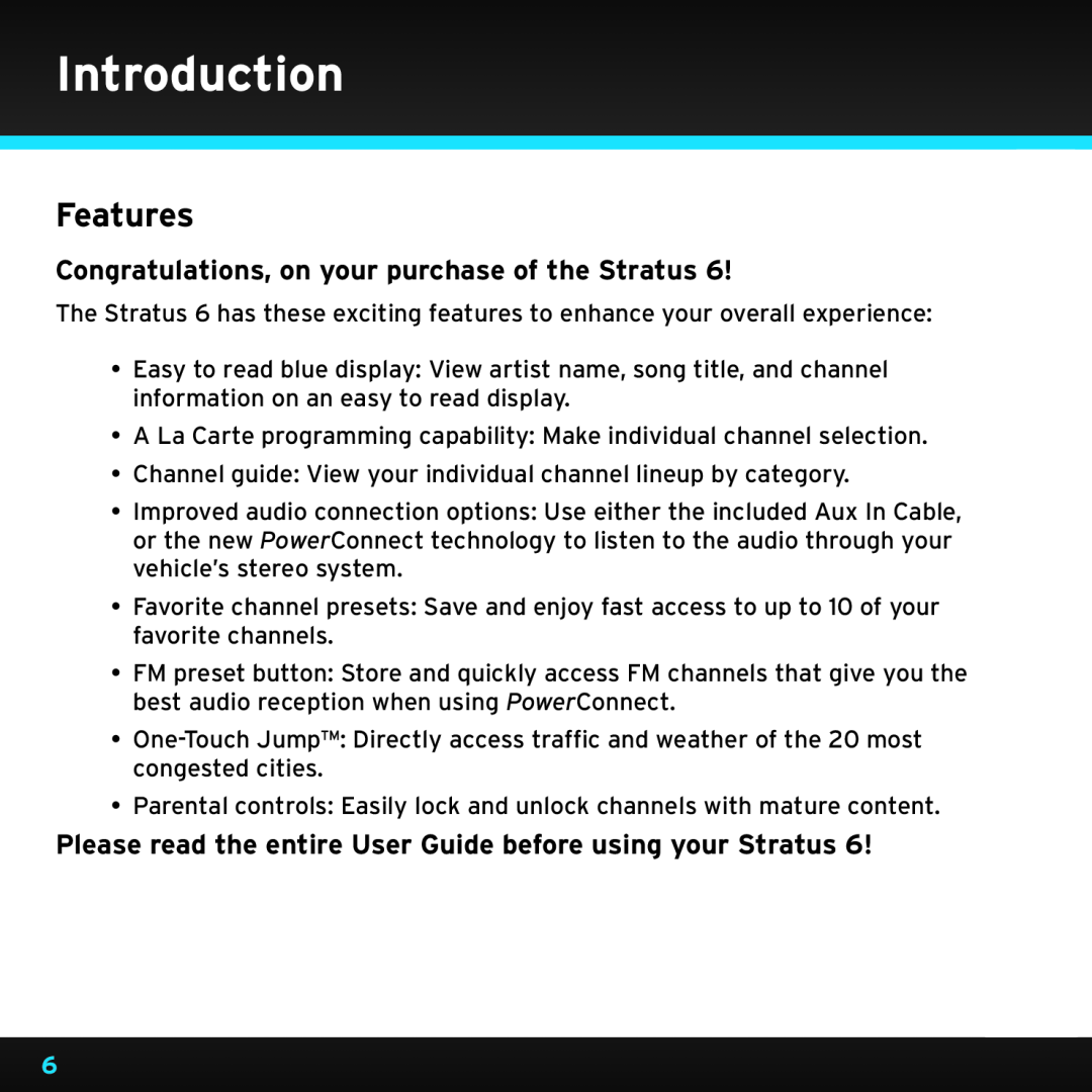 Sirius Satellite Radio SDSV6V1 manual Introduction, Features, Congratulations, on your purchase of the Stratus 