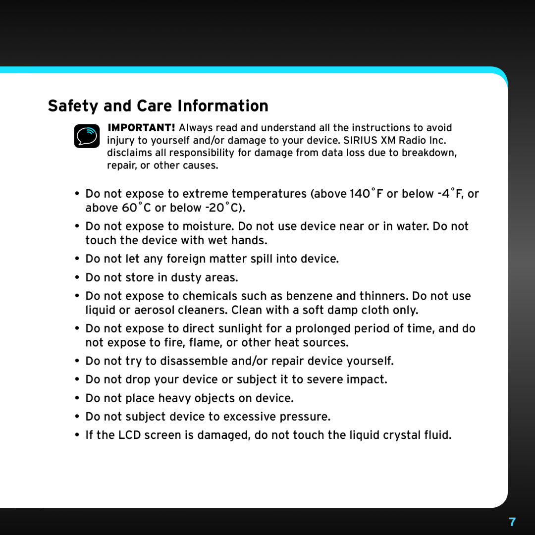 Sirius Satellite Radio SDSV6V1 manual Safety and Care Information 