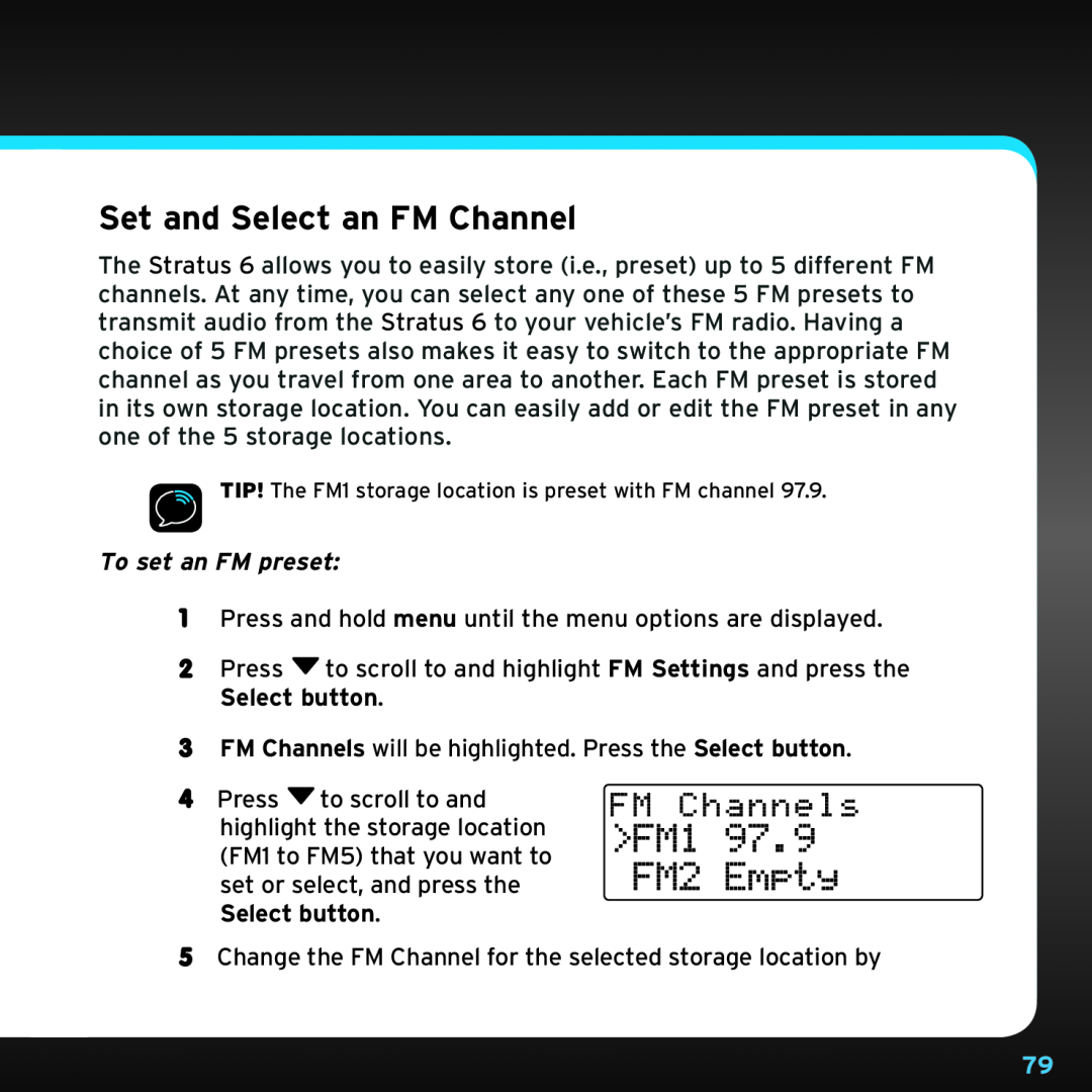 Sirius Satellite Radio SDSV6V1 manual Set and Select an FM Channel, To set an FM preset 