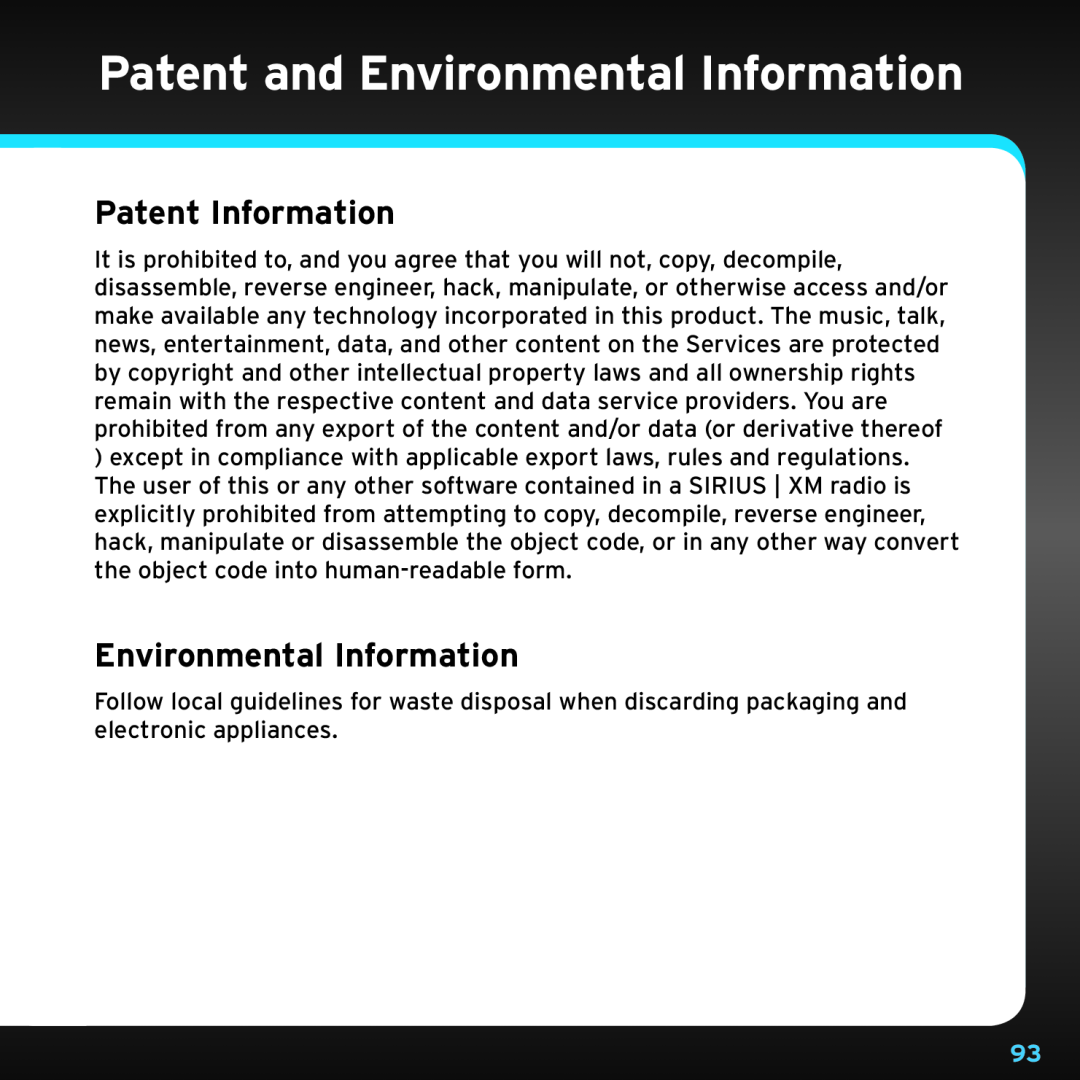 Sirius Satellite Radio SDSV6V1 manual Patent and Environmental Information, Patent Information 