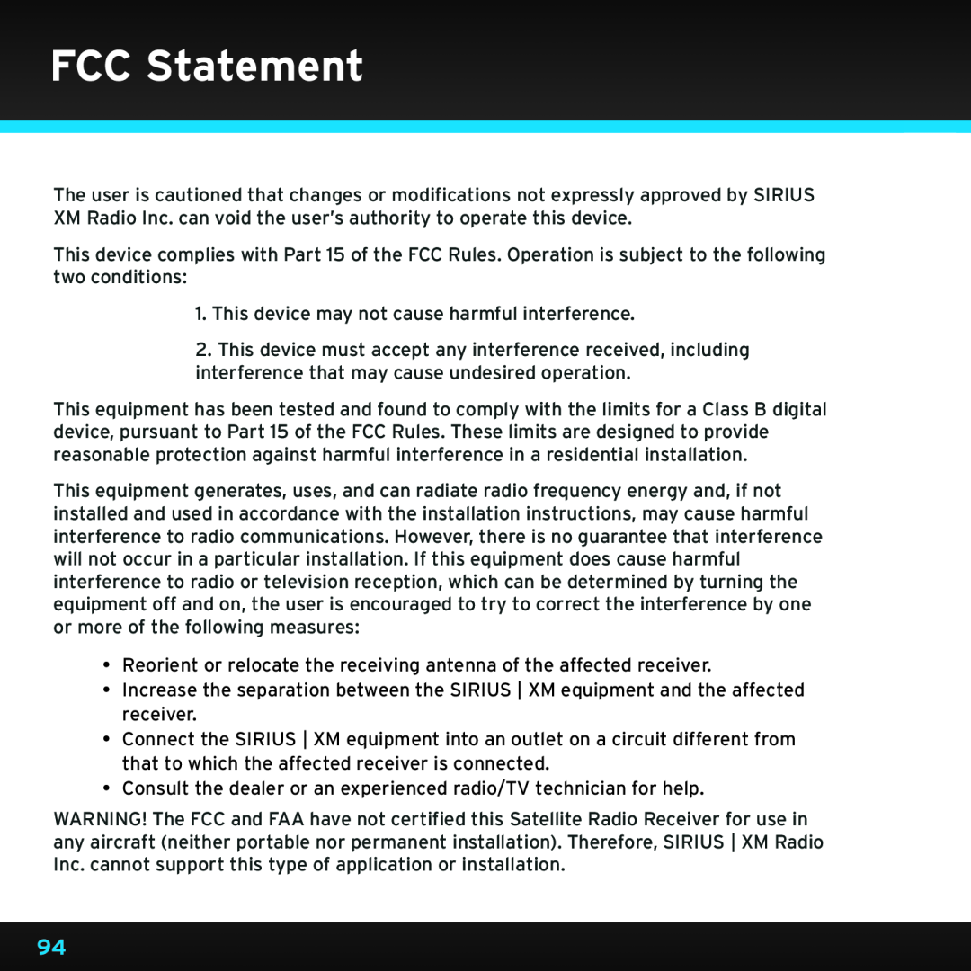 Sirius Satellite Radio SDSV6V1 manual FCC Statement 