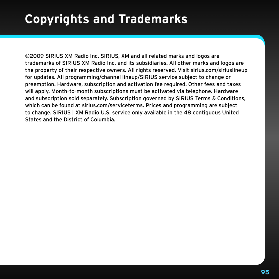Sirius Satellite Radio SDSV6V1 manual Copyrights and Trademarks 
