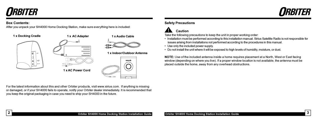 Sirius Satellite Radio SH4000 manual Box Contents, Safety Precautions 