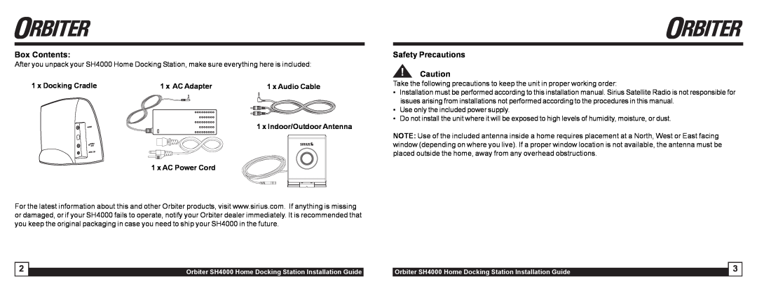 Sirius Satellite Radio SH4000 manual Box Contents, Safety Precautions, x Docking Cradle, x AC Adapter, x Audio Cable 