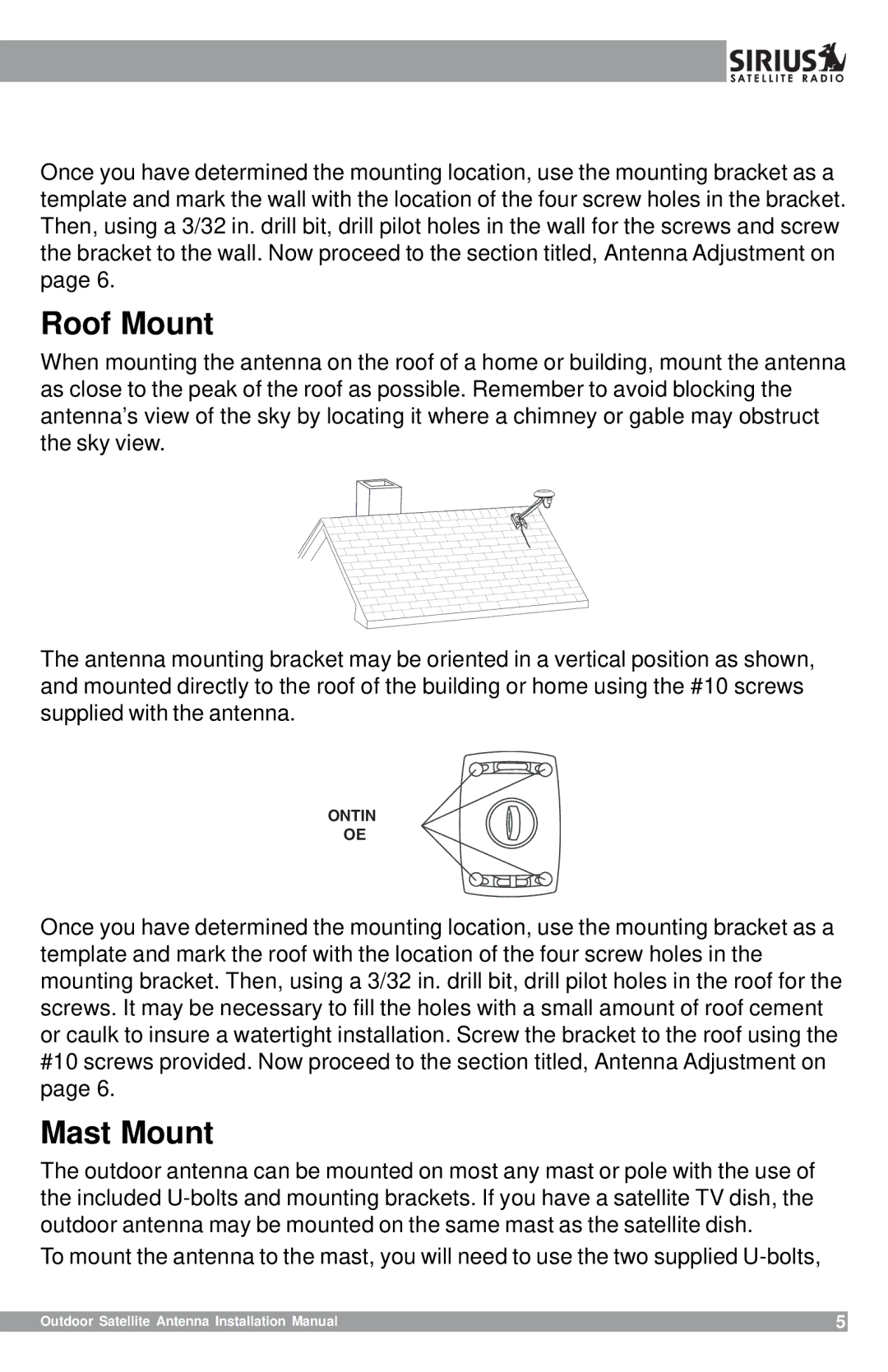 Sirius Satellite Radio 128-8662, SHA1 installation manual Roof Mount, Mast Mount 