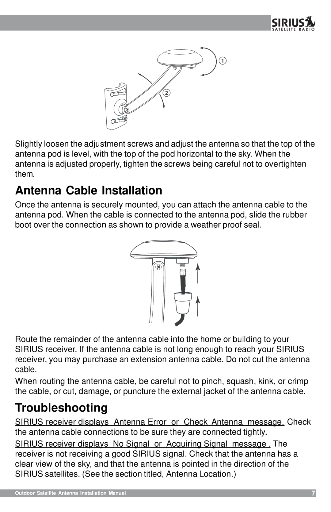 Sirius Satellite Radio 128-8662, SHA1 installation manual Antenna Cable Installation, Troubleshooting 