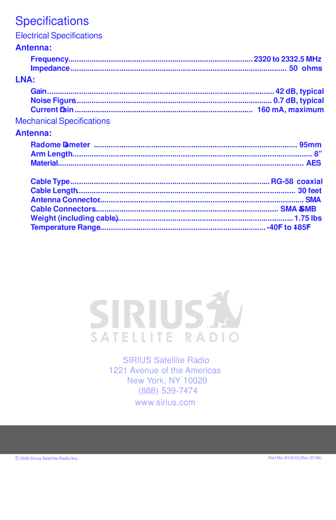 Sirius Satellite Radio SHA1, 128-8662 installation manual Electrical Specifications 