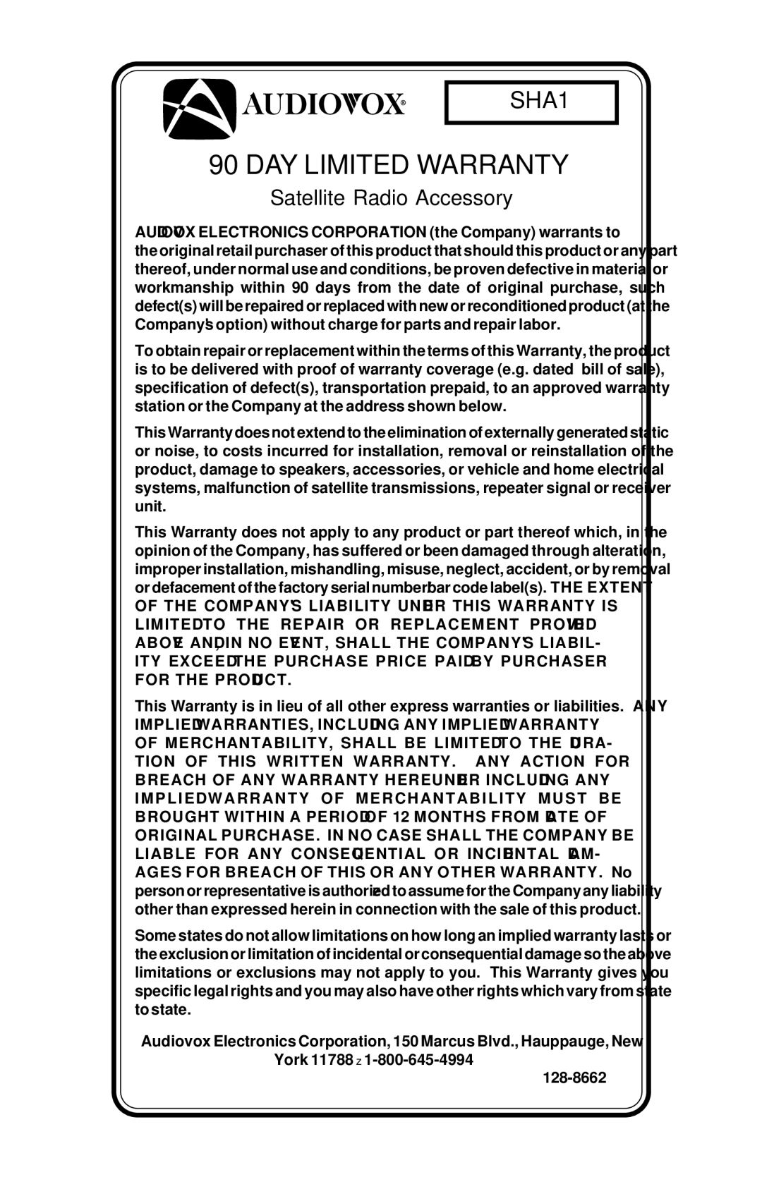 Sirius Satellite Radio 128-8662, SHA1 installation manual DAY Limited Warranty 