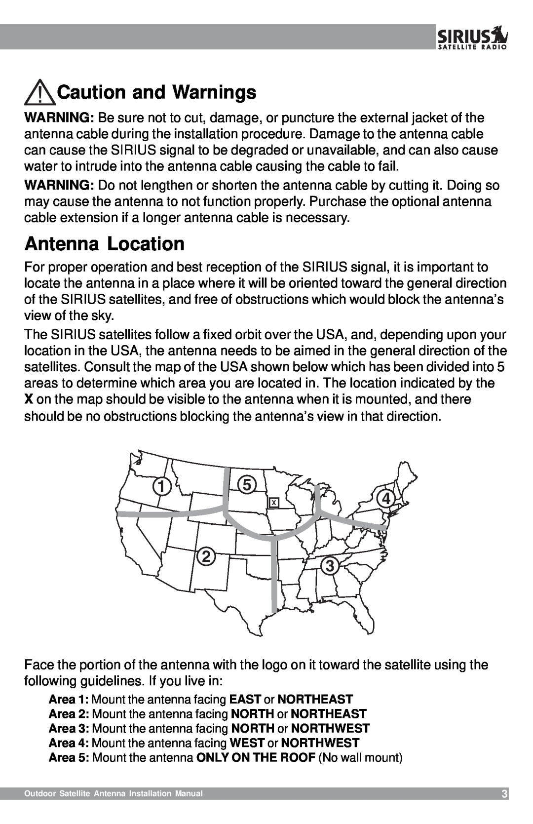 Sirius Satellite Radio 128-8662, SHA1 installation manual Caution and Warnings, Antenna Location 