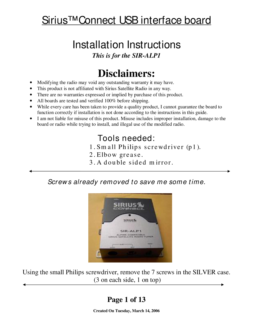 Sirius Satellite Radio SIR-ALP1 installation instructions Disclaimers 