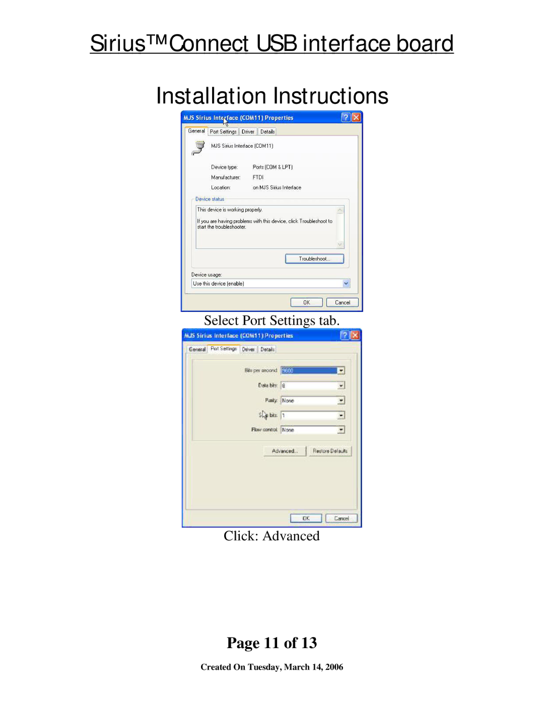 Sirius Satellite Radio SIR-ALP1 installation instructions Select Port Settings tab Click Advanced 