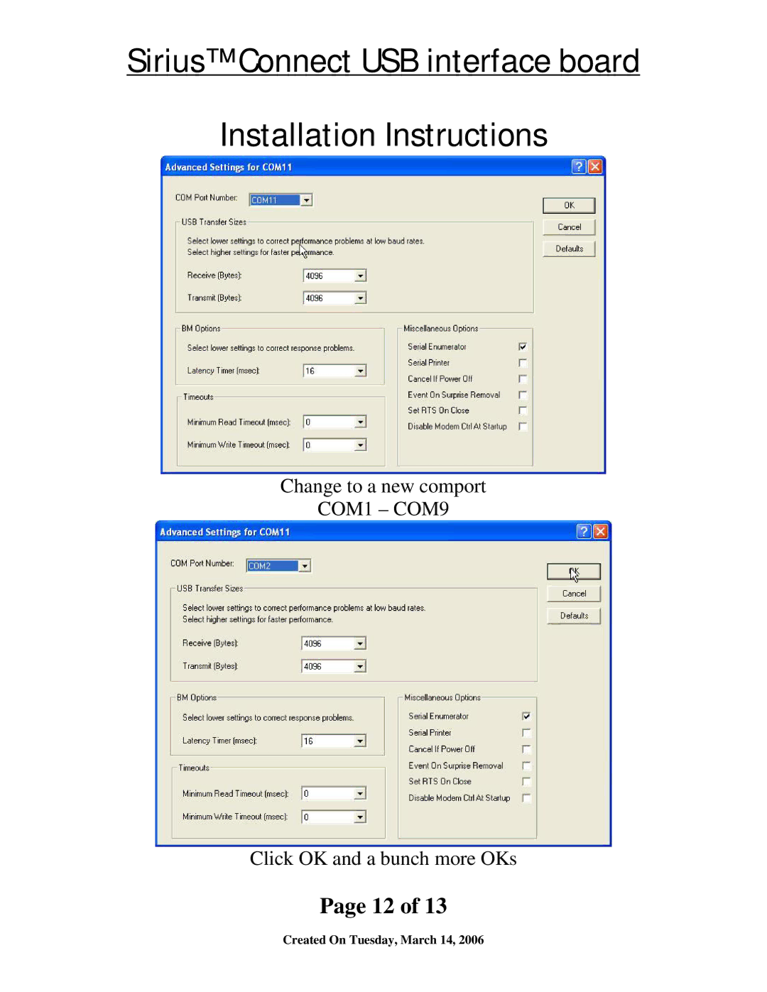 Sirius Satellite Radio SIR-ALP1 installation instructions COM1 COM9 