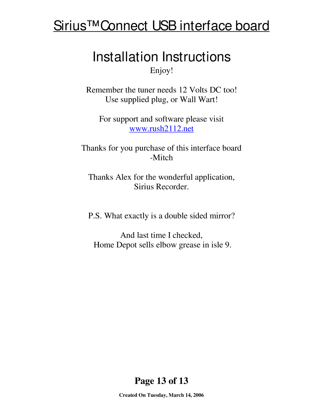 Sirius Satellite Radio SIR-ALP1 installation instructions Sirius Connect USB interface board Installation Instructions 