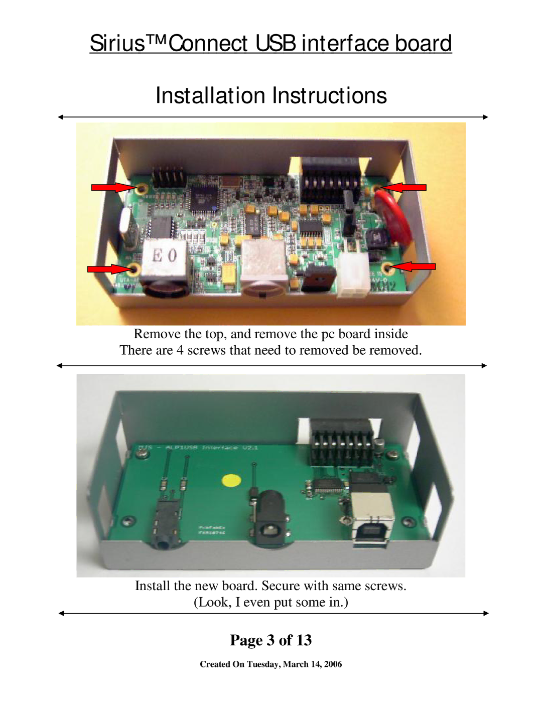 Sirius Satellite Radio SIR-ALP1 installation instructions Sirius Connect USB interface board Installation Instructions 