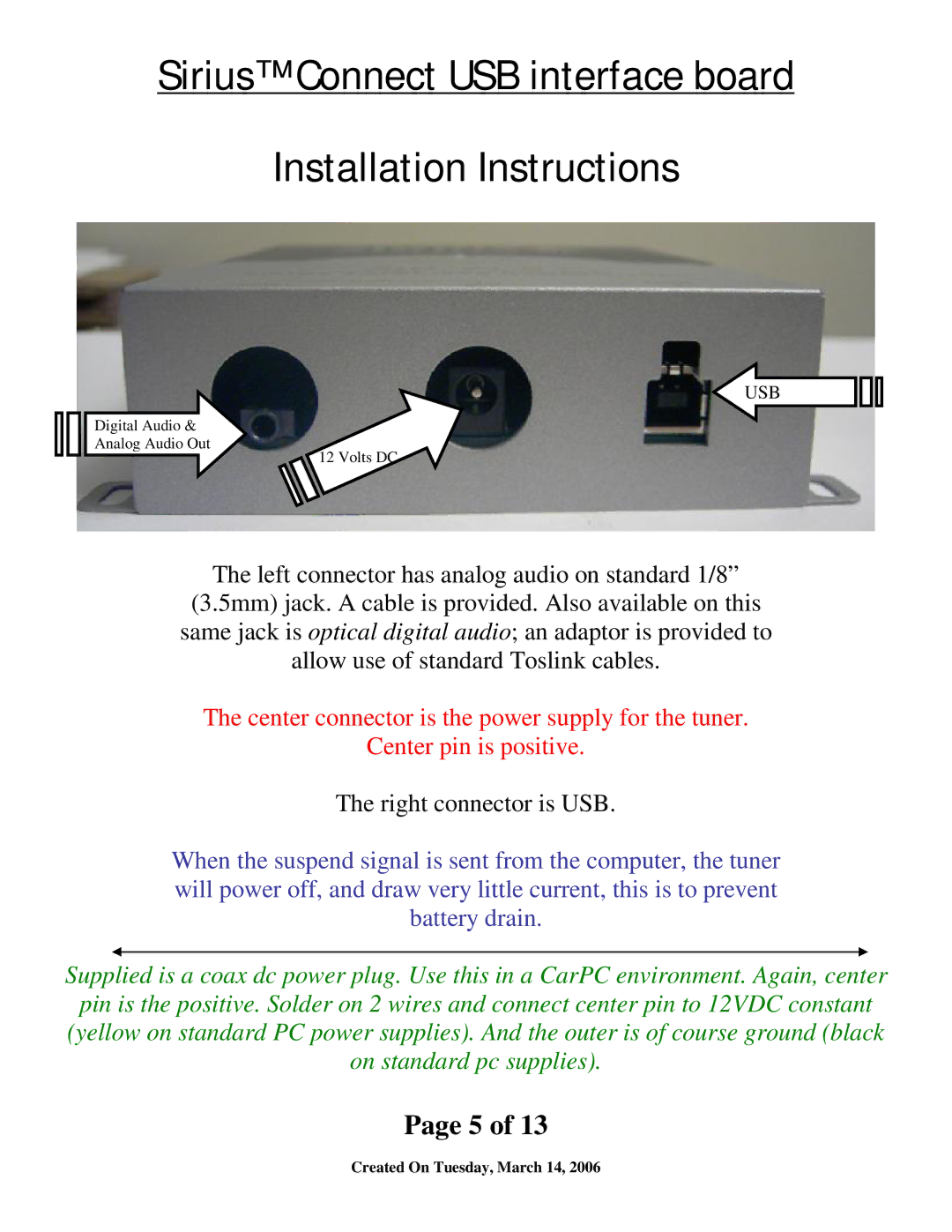 Sirius Satellite Radio SIR-ALP1 installation instructions Right connector is USB 