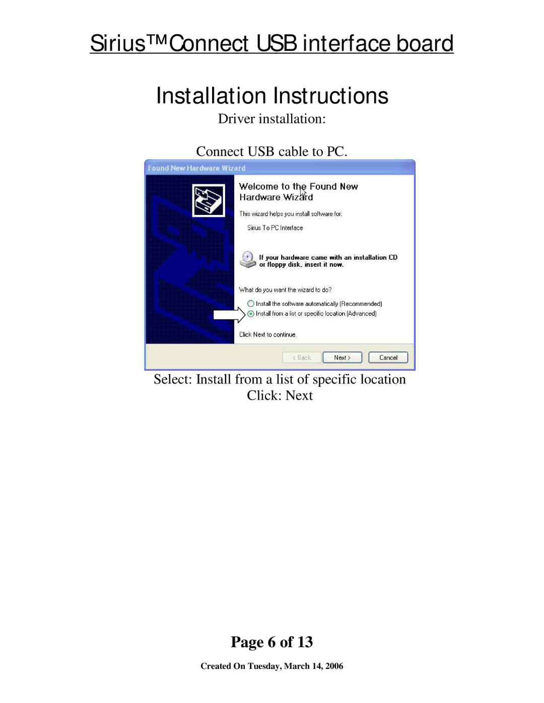 Sirius Satellite Radio SIR-ALP1 installation instructions Sirius Connect USB interface board Installation Instructions 