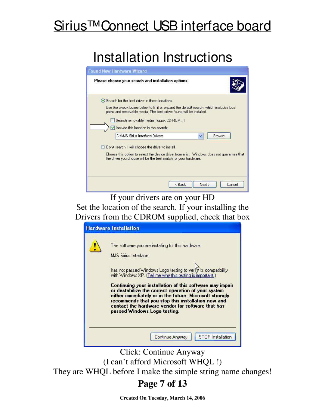 Sirius Satellite Radio SIR-ALP1 installation instructions Sirius Connect USB interface board Installation Instructions 