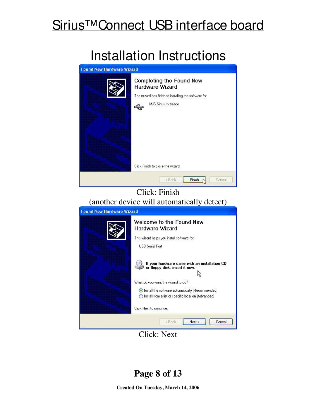 Sirius Satellite Radio SIR-ALP1 installation instructions Sirius Connect USB interface board Installation Instructions 