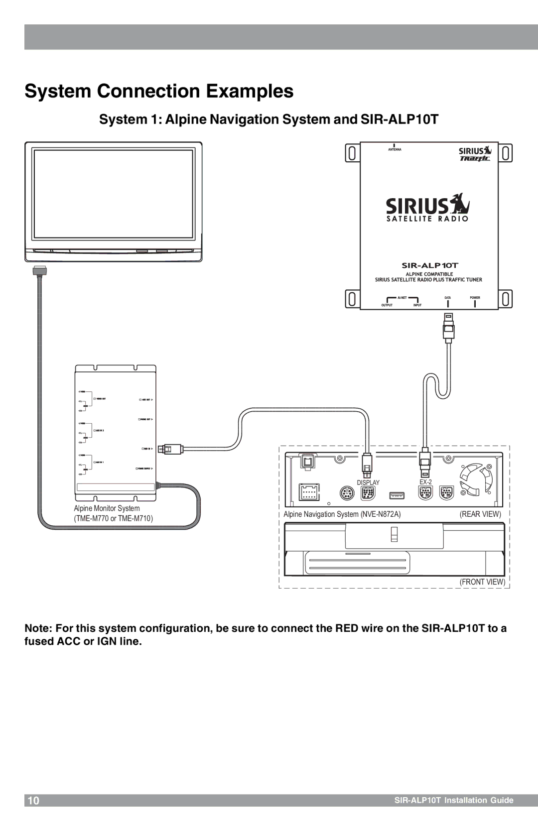 Sirius Satellite Radio manual System Connection Examples, System 1 Alpine Navigation System and SIR-ALP10T 