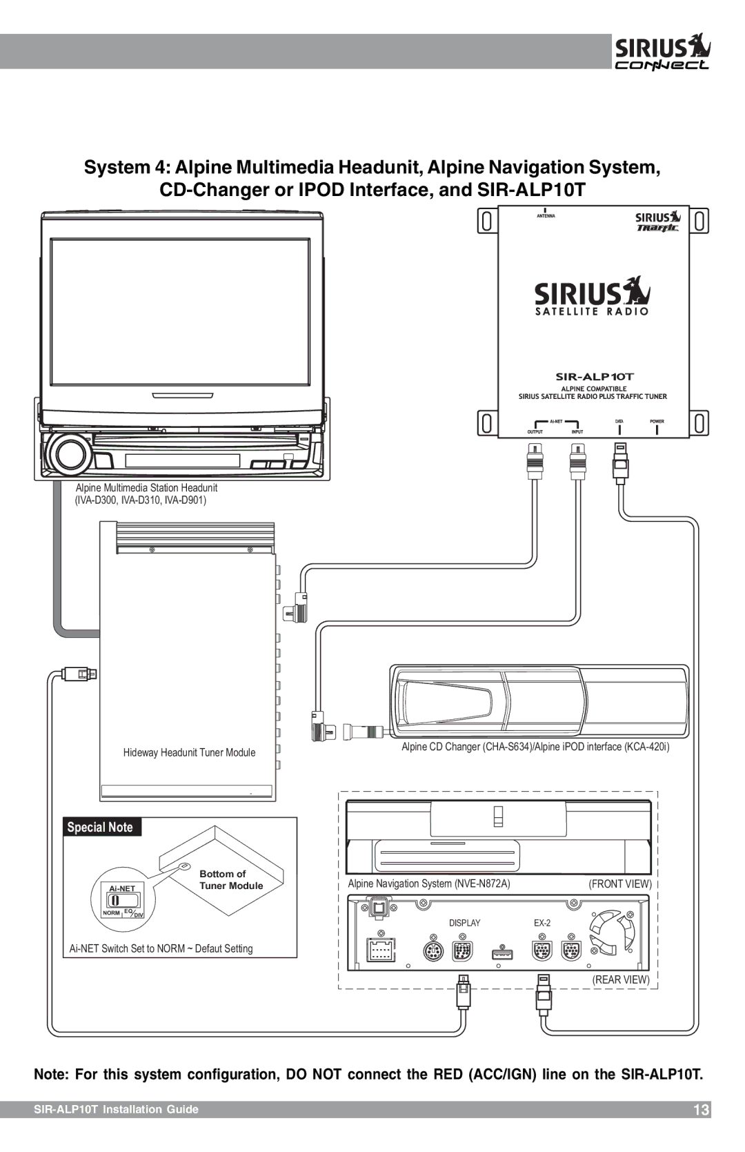 Sirius Satellite Radio SIR-ALP10T manual Ai-NET Switch Set to Norm ~ Defaut Setting 