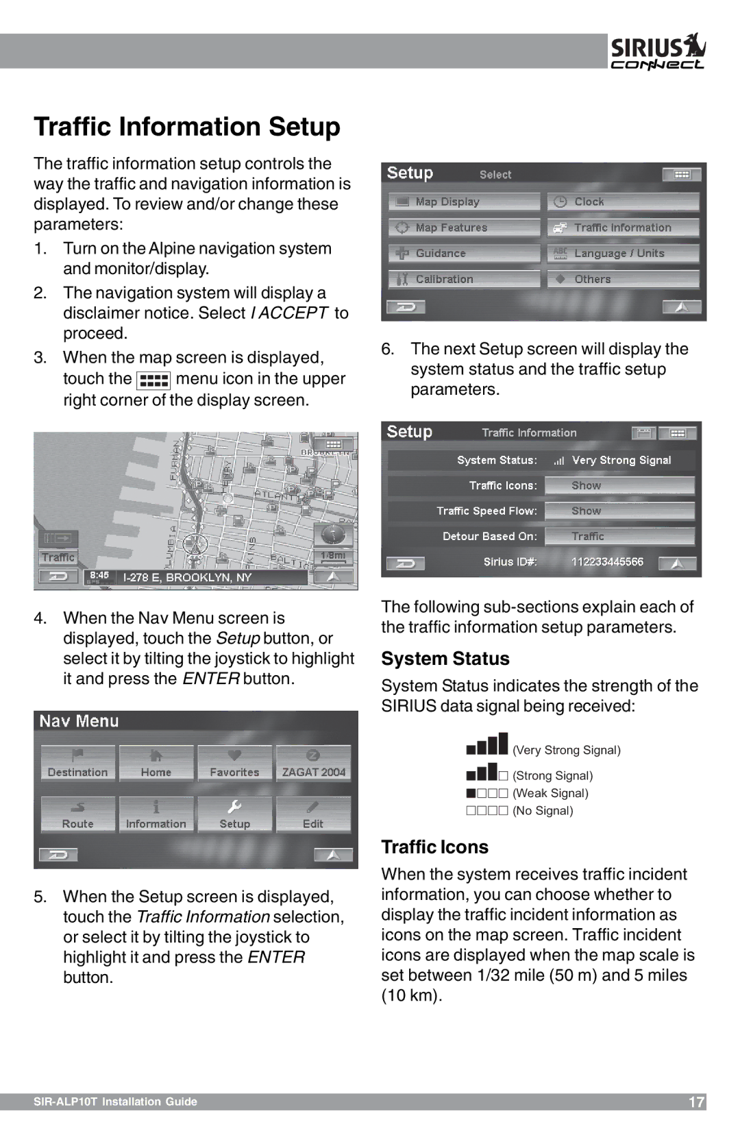 Sirius Satellite Radio SIR-ALP10T manual Traffic Information Setup, System Status, Traffic Icons 