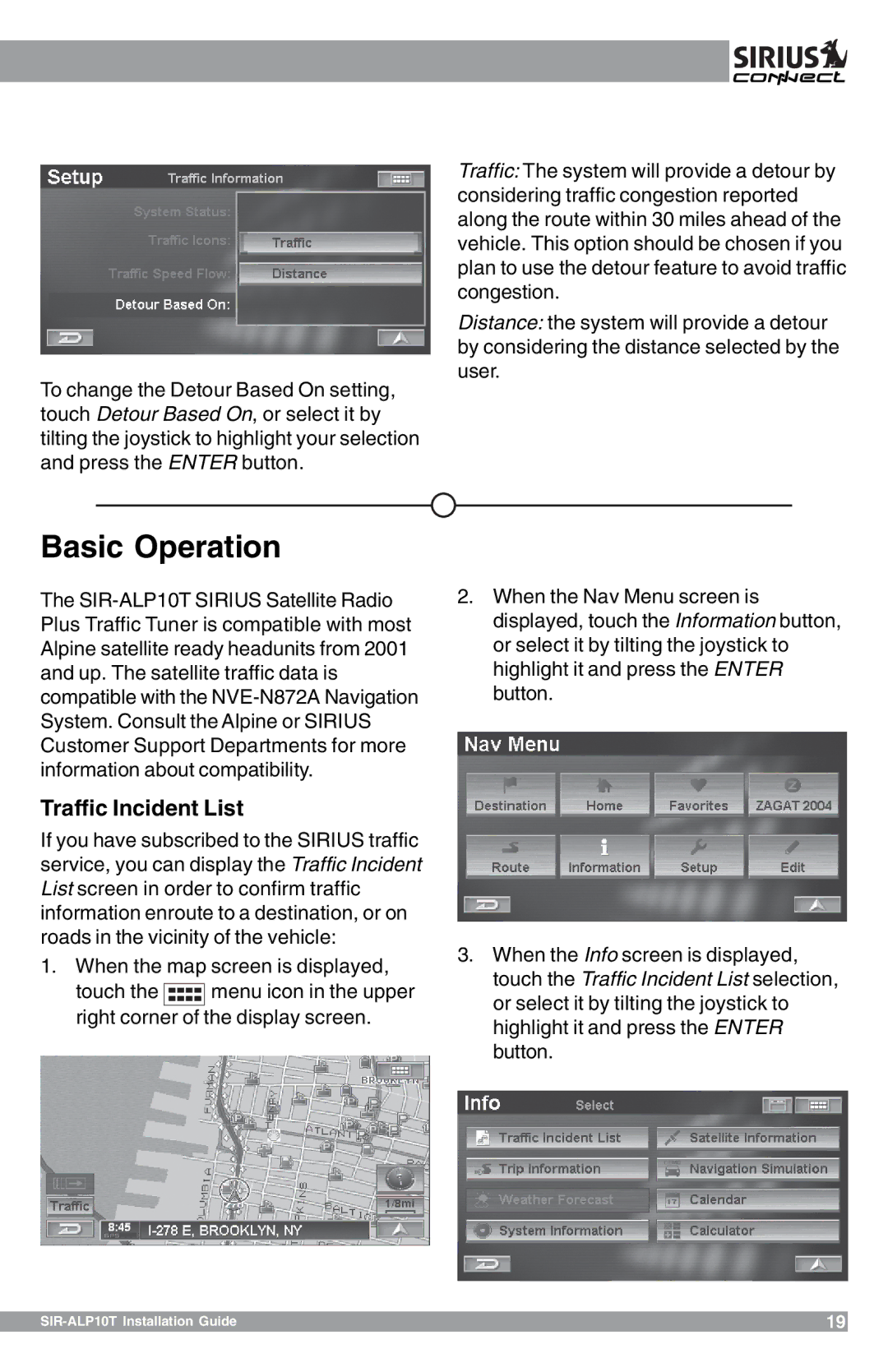 Sirius Satellite Radio SIR-ALP10T manual Basic Operation, Traffic Incident List 