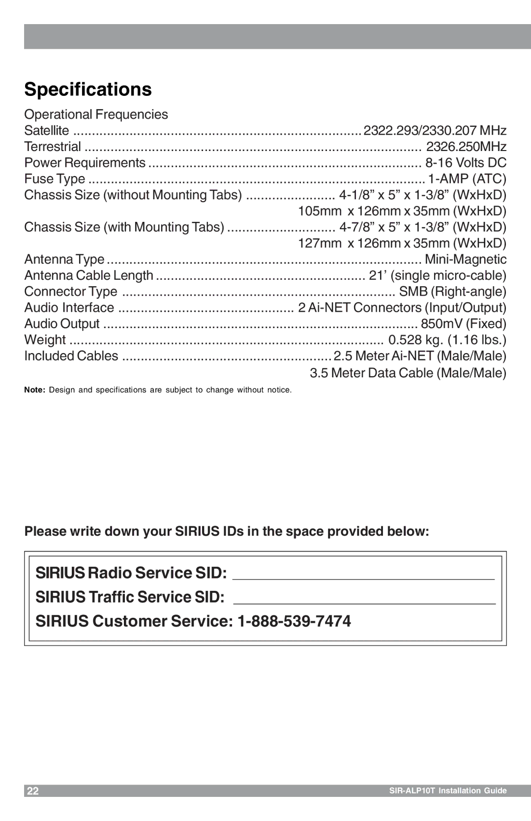 Sirius Satellite Radio SIR-ALP10T manual Specifications, Amp Atc 