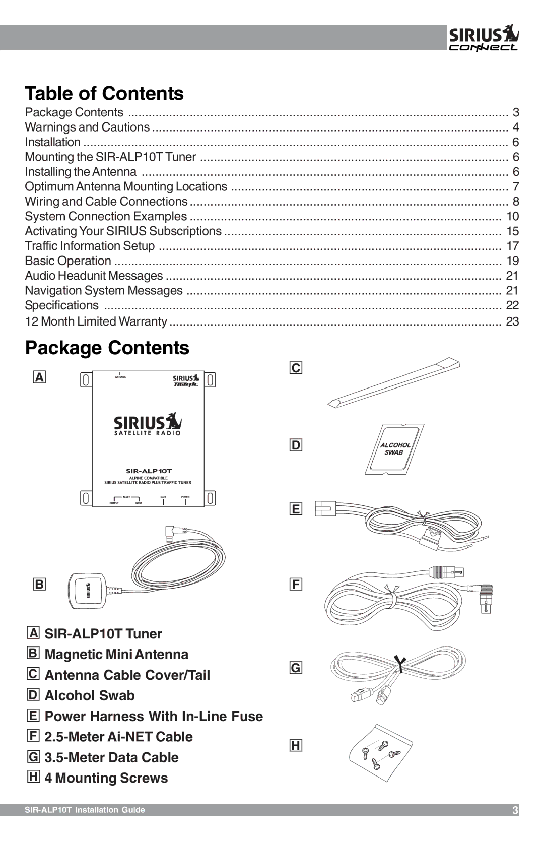 Sirius Satellite Radio SIR-ALP10T manual Table of Contents 