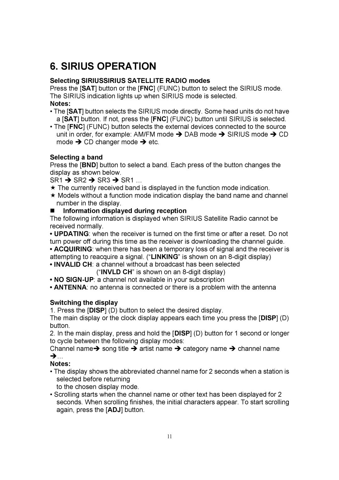 Sirius Satellite Radio SIR-CL1 user manual Sirius Operation, Selecting Siriussirius Satellite Radio modes, Selecting a band 