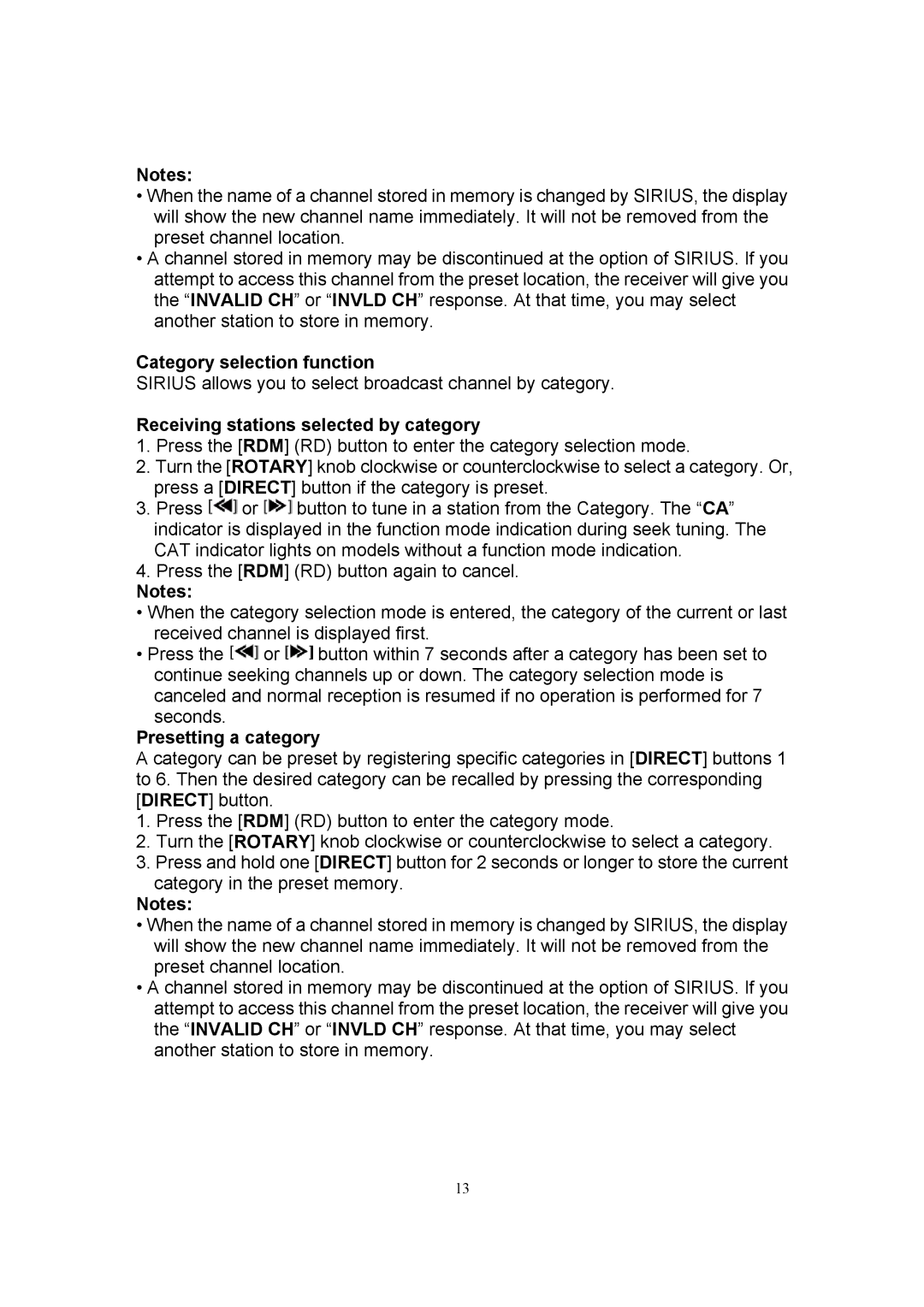 Sirius Satellite Radio SIR-CL1 Category selection function, Receiving stations selected by category, Presetting a category 