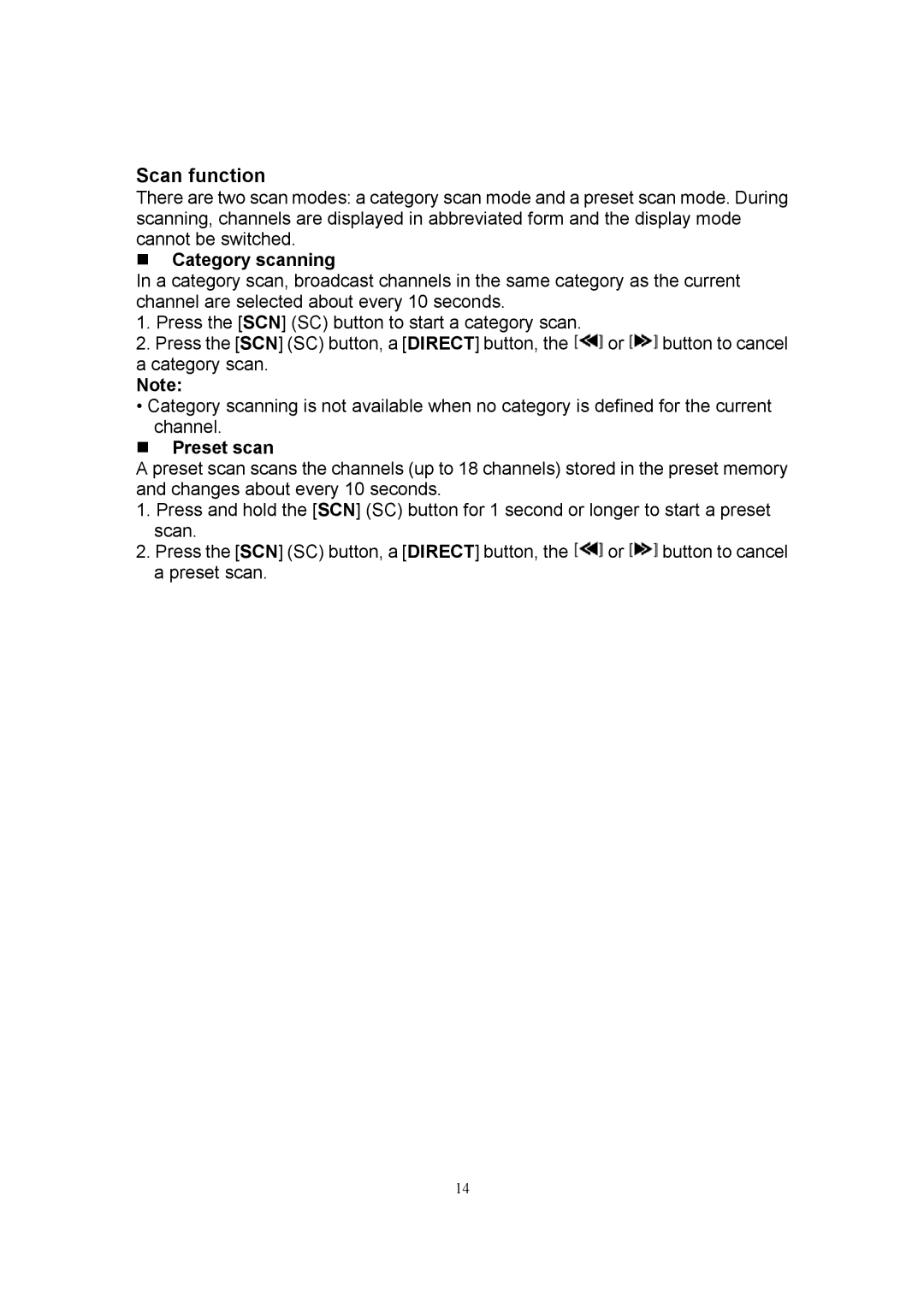 Sirius Satellite Radio SIR-CL1 user manual Category scanning, Preset scan 